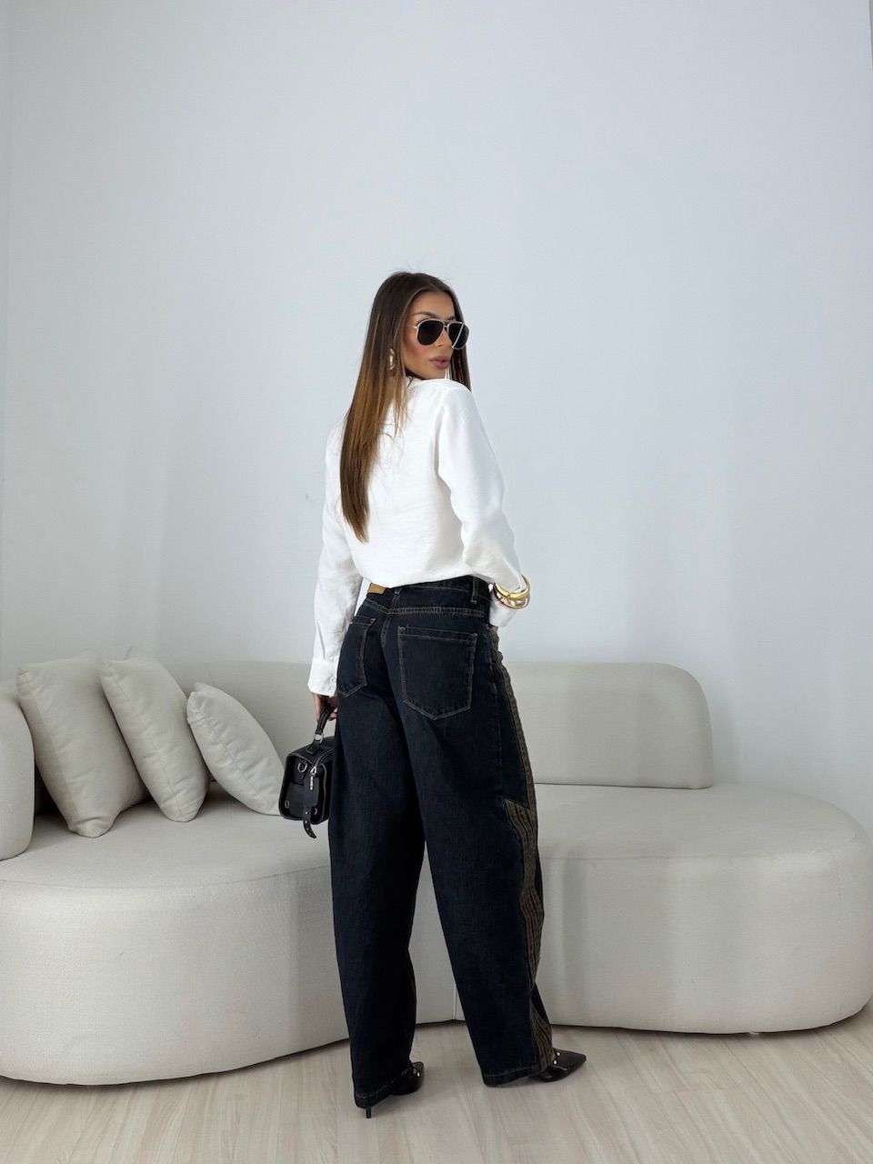 CALÇA SABRINA LISTRAS BALLOON JEANS ESCURO