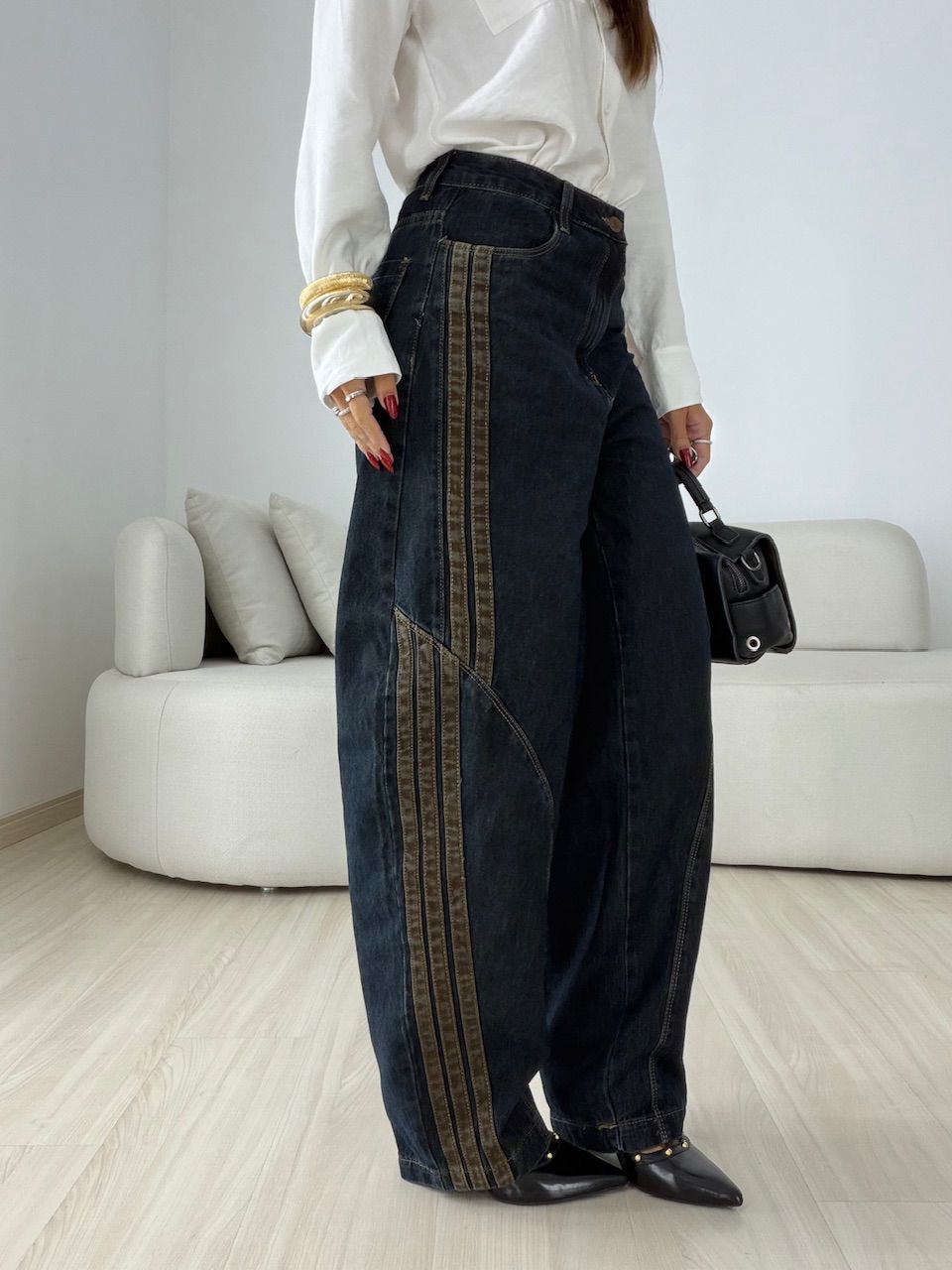 CALÇA SABRINA LISTRAS BALLOON JEANS ESCURO