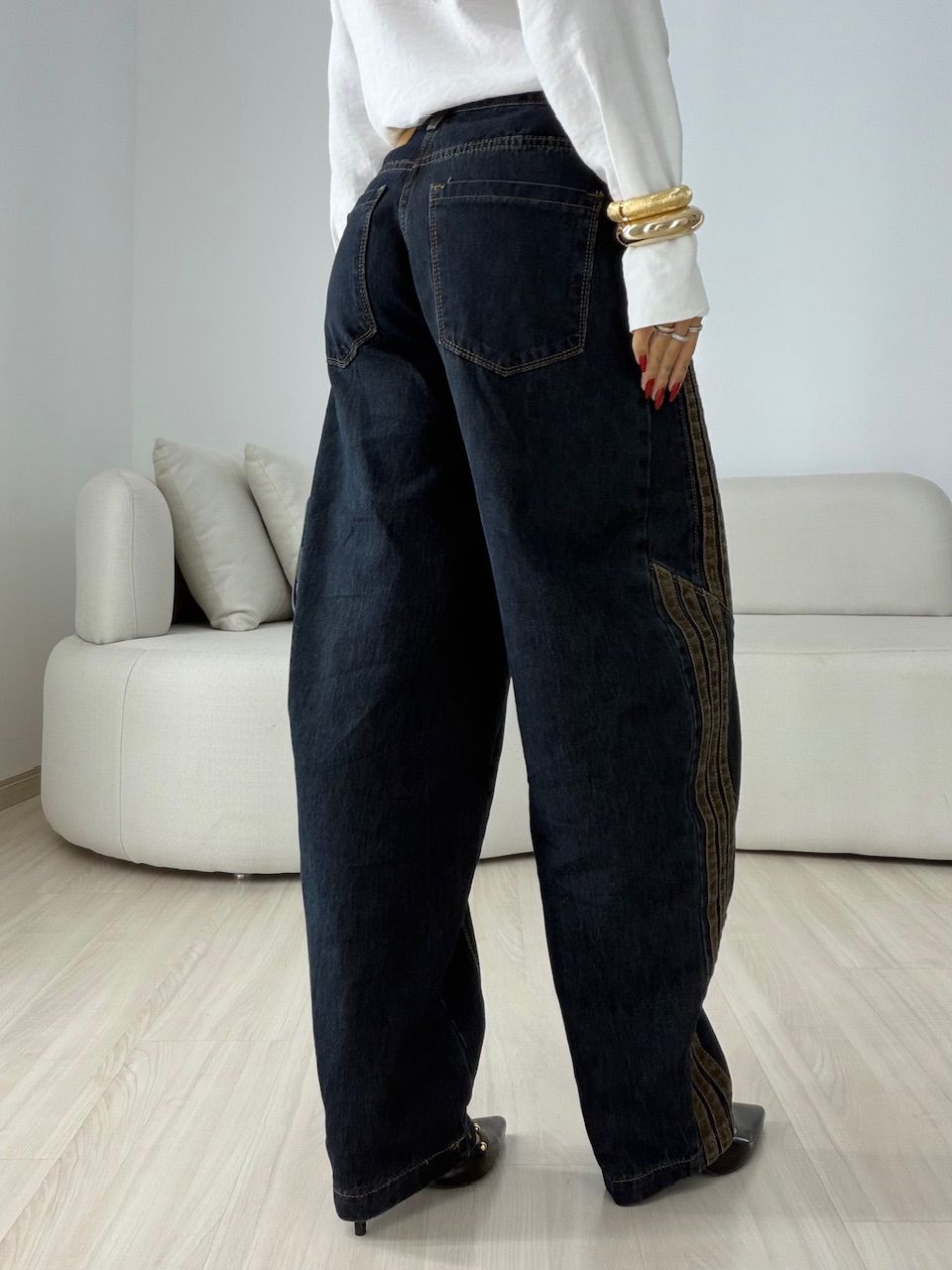 CALÇA SABRINA LISTRAS BALLOON JEANS ESCURO