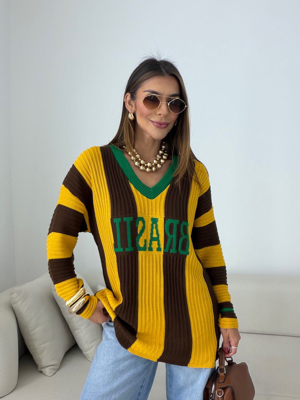 TRICOT BRASIL LISTRAS AMARELO/MARROM - 0078060465 - CAROLLA FERRARO