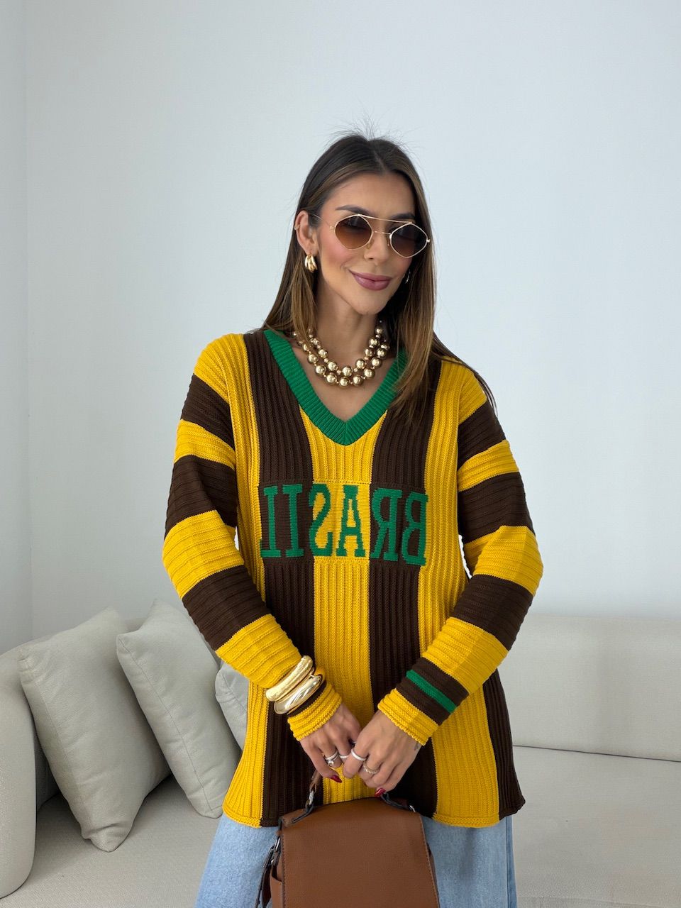 TRICOT BRASIL LISTRAS AMARELO/MARROM