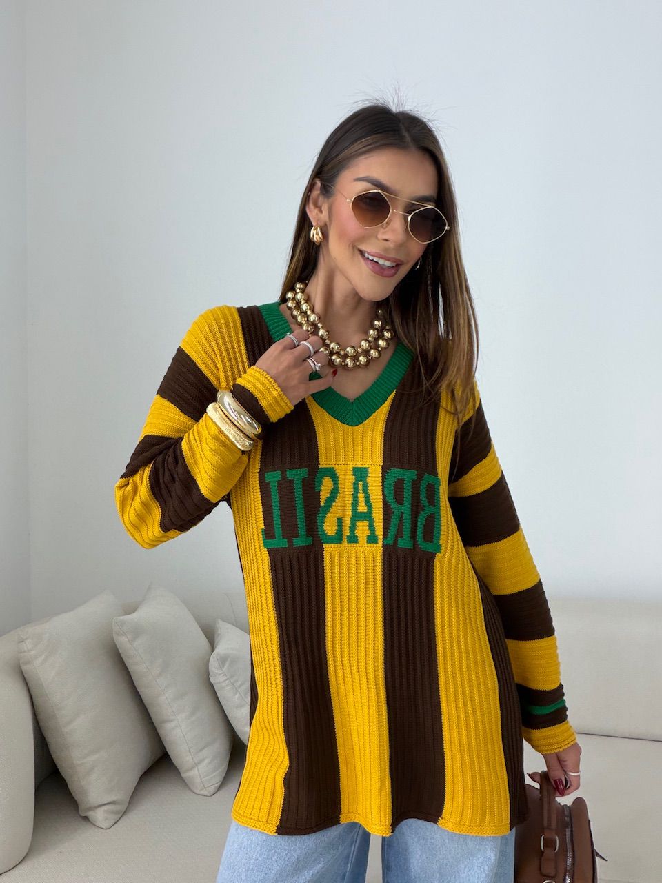 TRICOT BRASIL LISTRAS AMARELO/MARROM