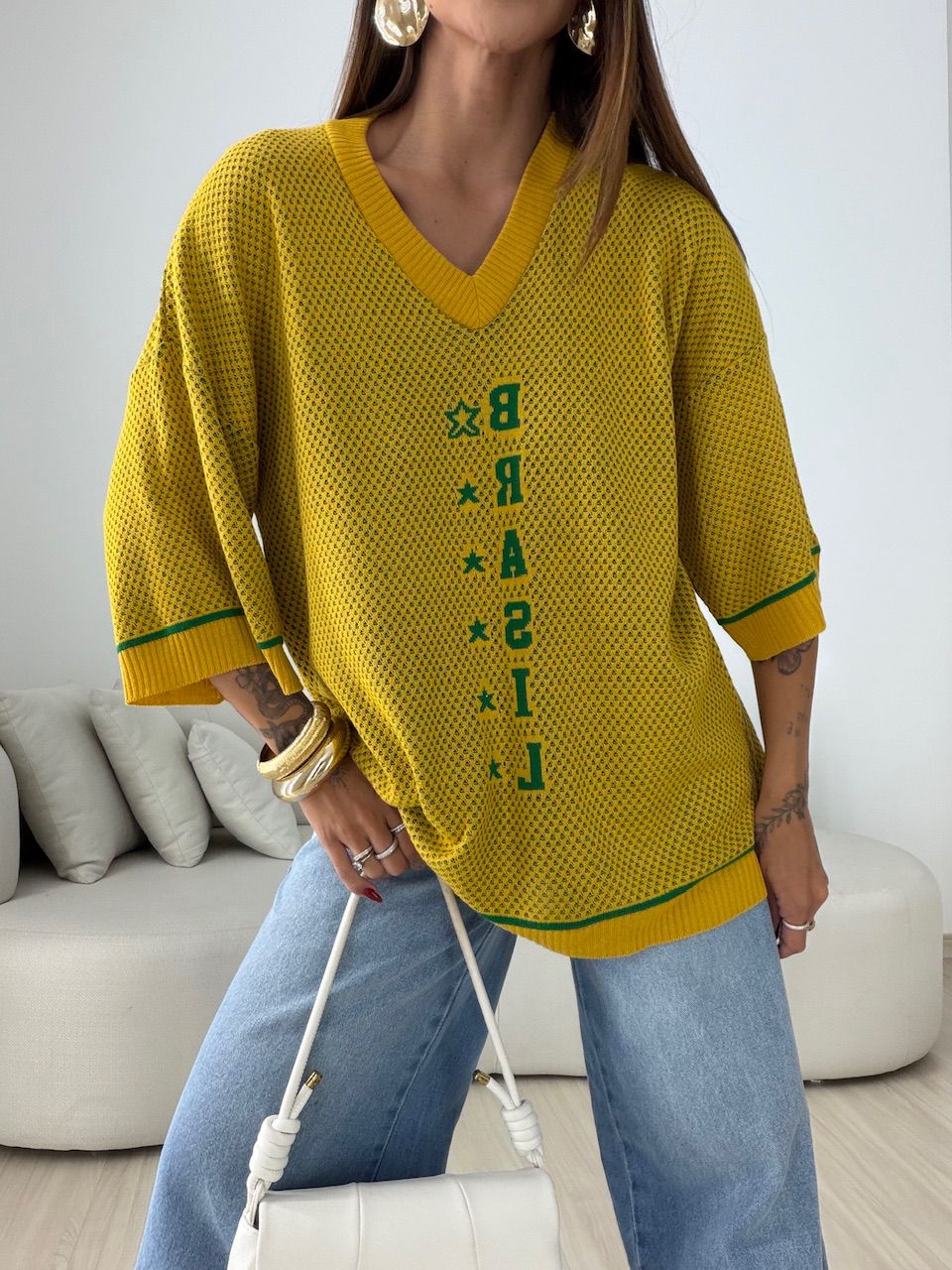 TRICOT BRASIL MANGA 3/4 AMARELO