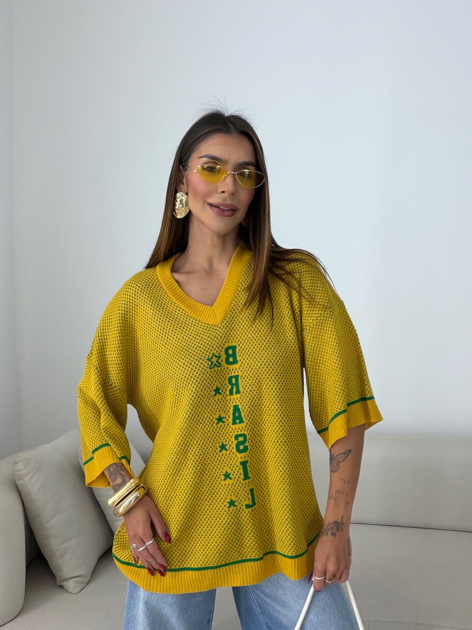 TRICOT BRASIL MANGA 3/4 AMARELO - 0078040111 - CAROLLA FERRARO