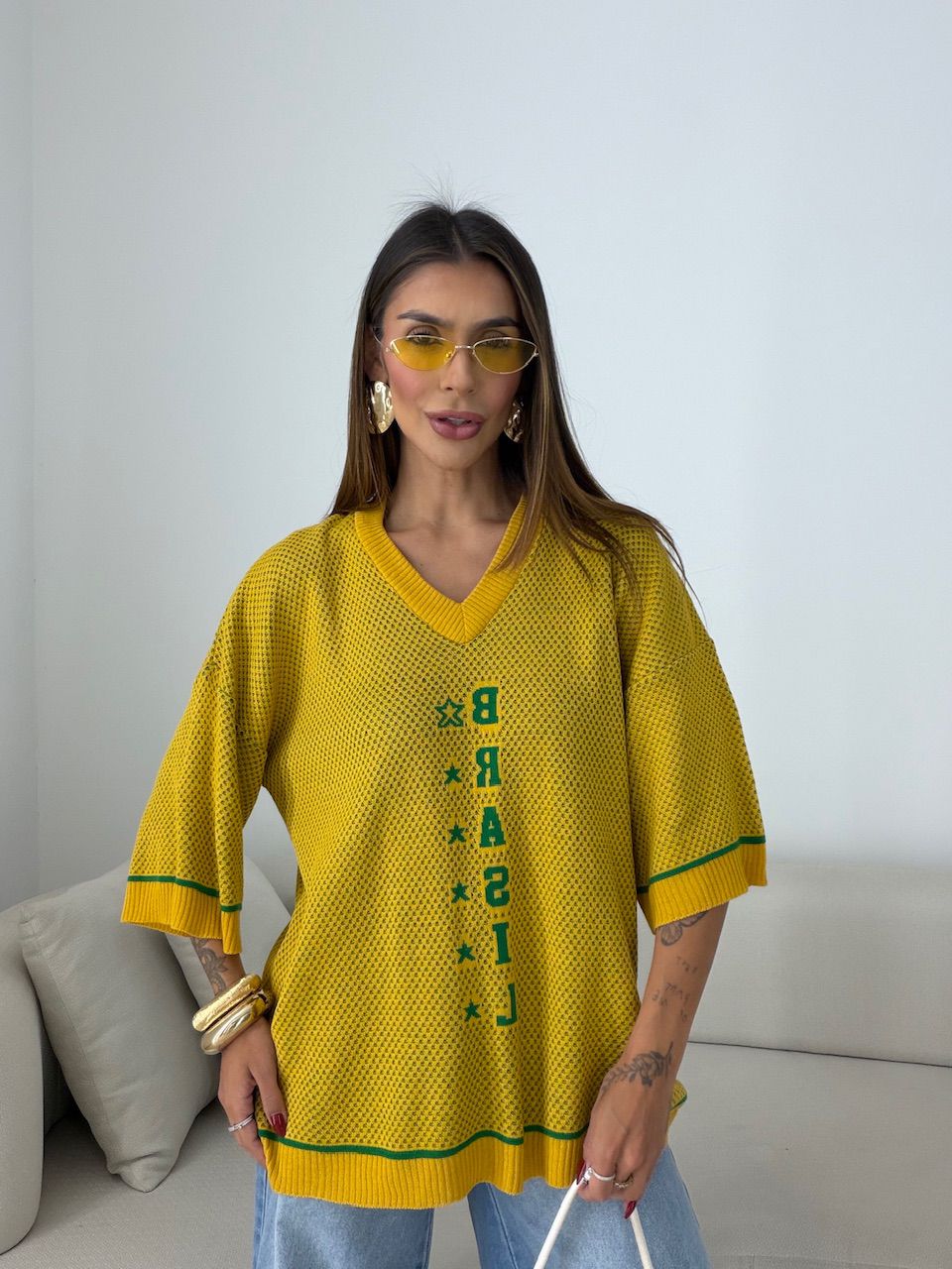 TRICOT BRASIL MANGA 3/4 AMARELO