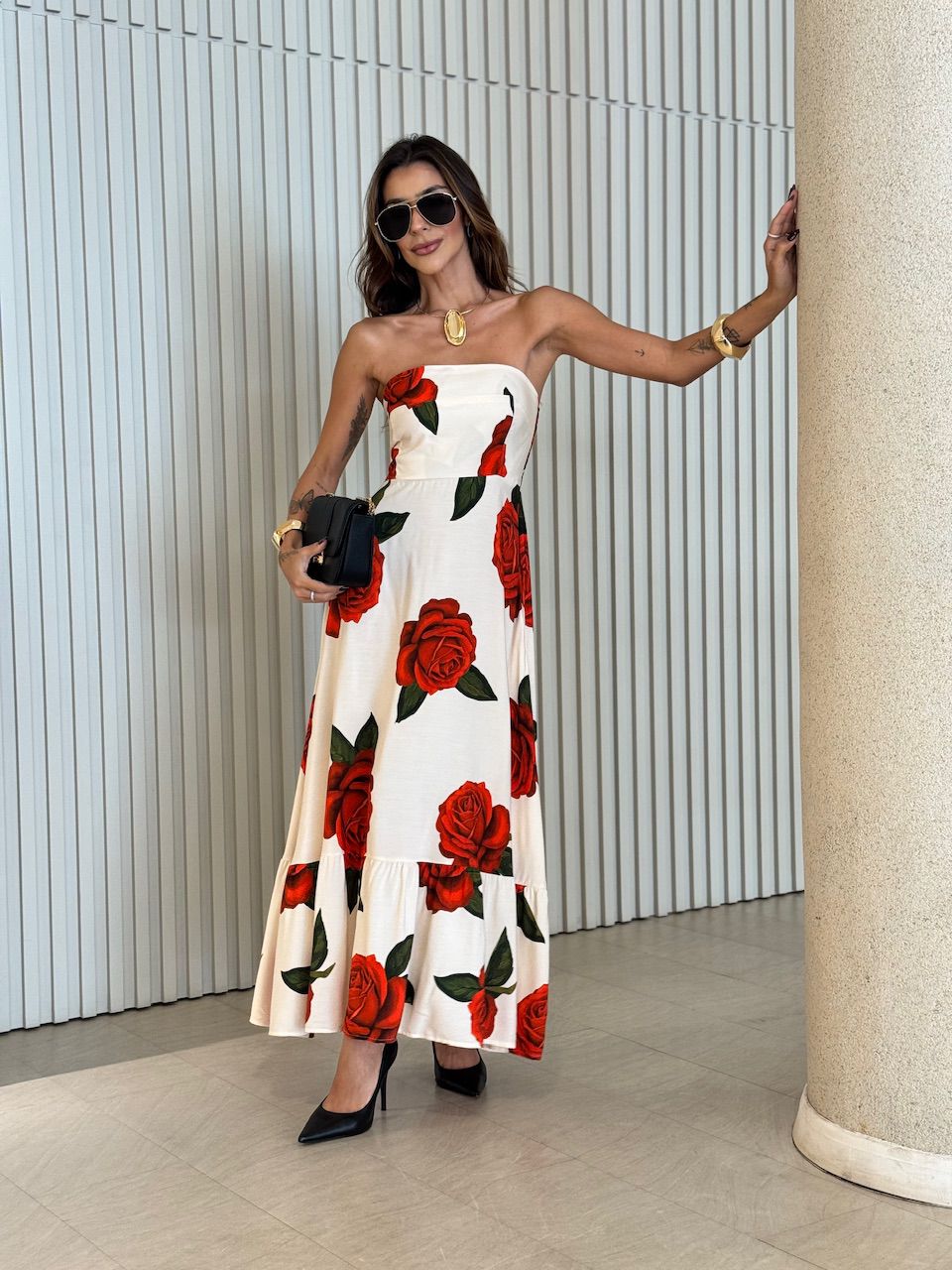 VESTIDO INGRID TOMARA QUE CAIA ESTAMPADO MARFIM