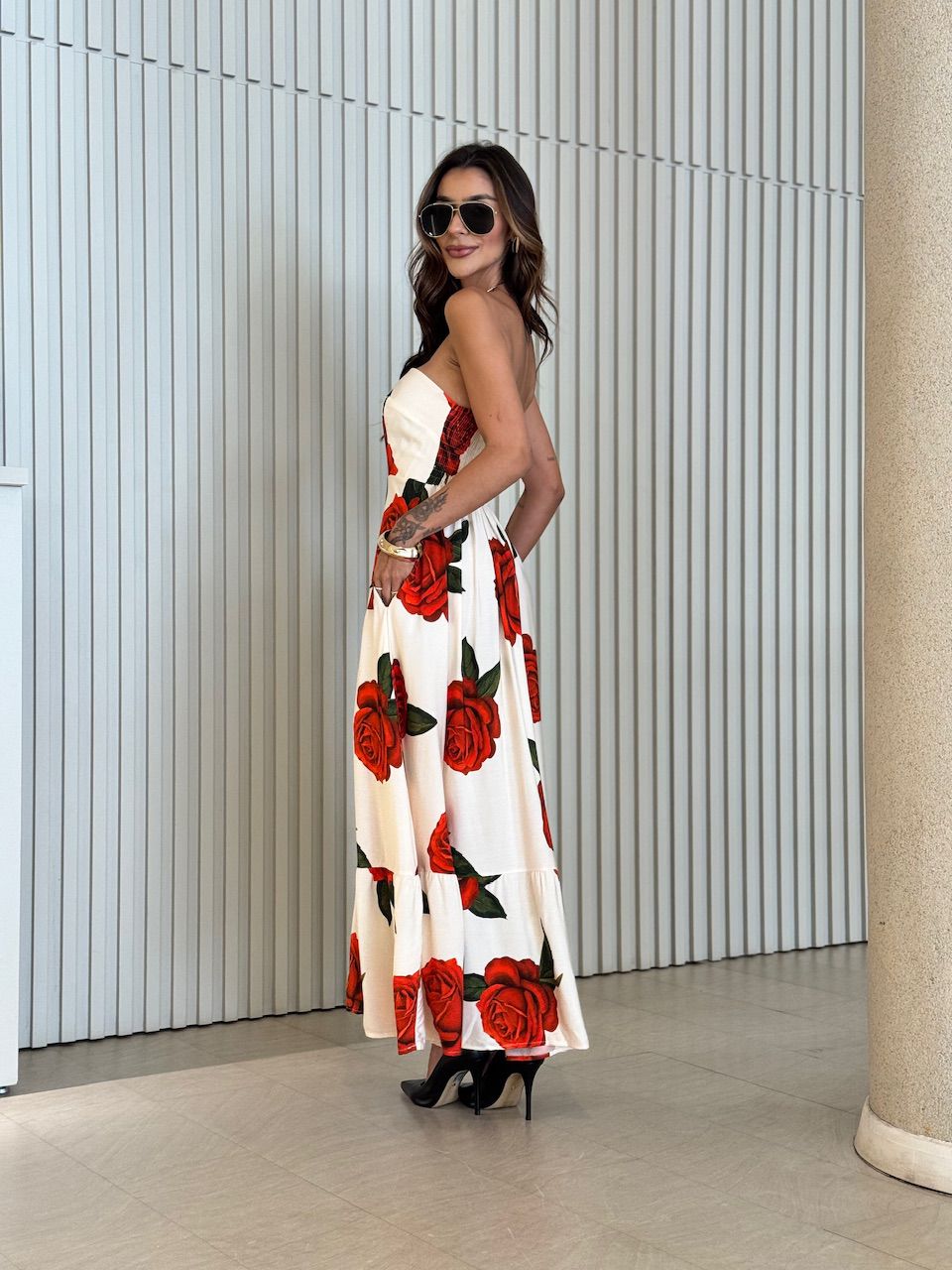 VESTIDO INGRID TOMARA QUE CAIA ESTAMPADO MARFIM