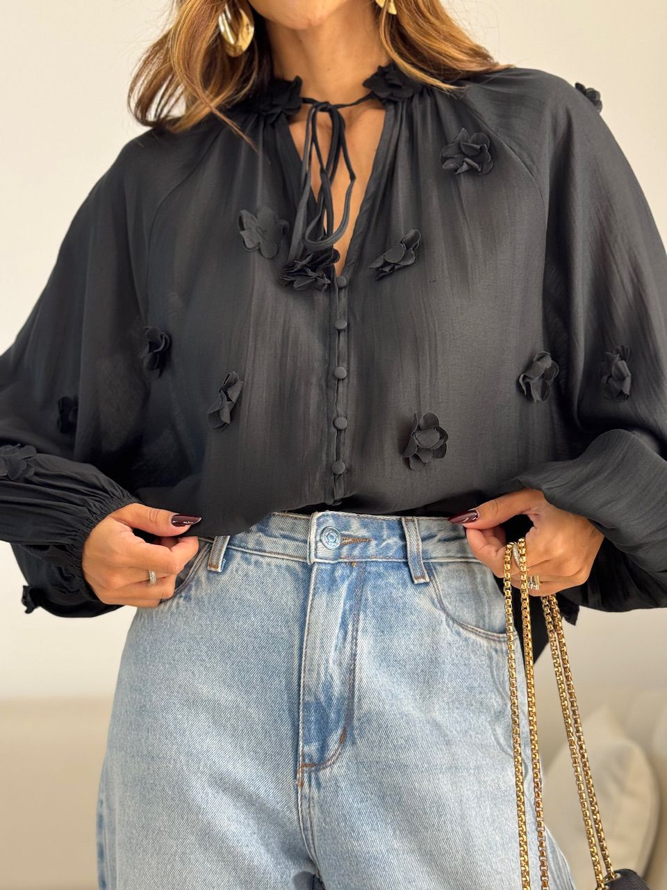 BATA KÉZIA FLORES PRETA - 0071970033 - CAROLLA FERRARO