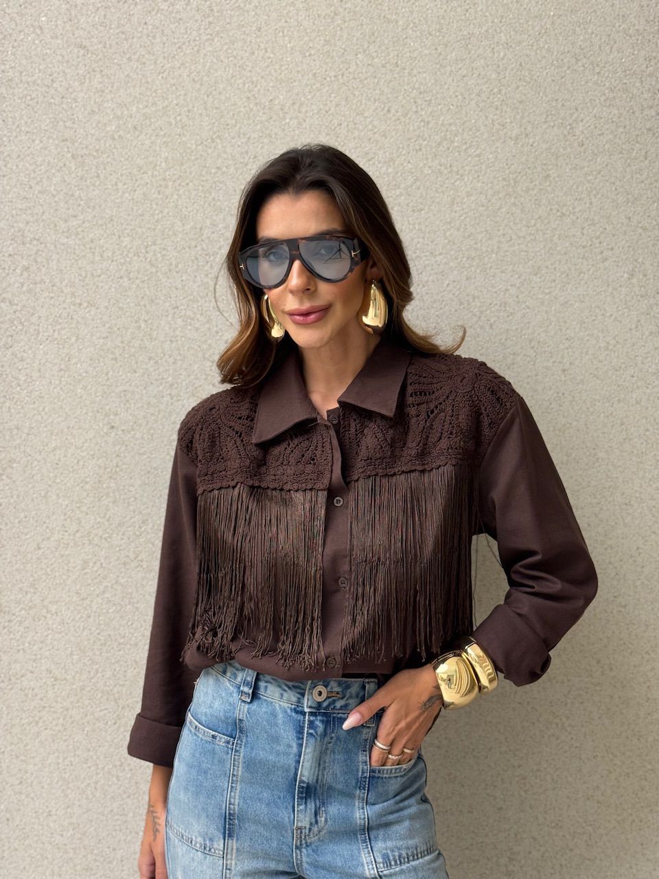 CAMISA PATRÍCIA FRANJAS CAFÉ - 0074750160 - CAROLLA FERRARO