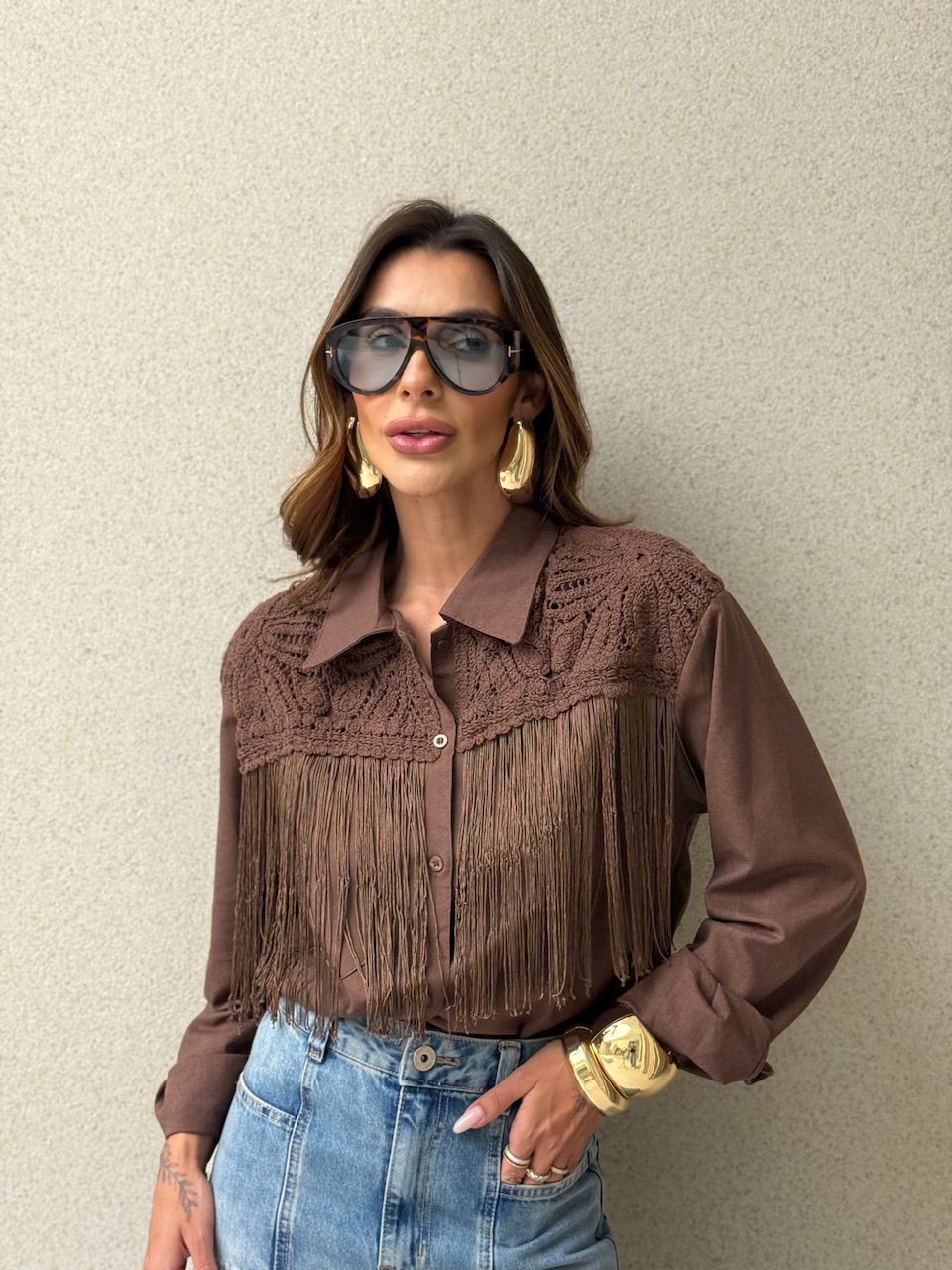 CAMISA PATRÍCIA FRANJAS MARROM - 0074750054 - CAROLLA FERRARO