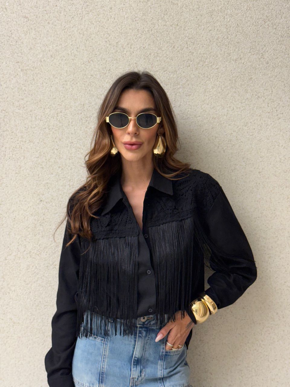 CAMISA PATRÍCIA FRANJAS PRETA - 0074750033 - CAROLLA FERRARO