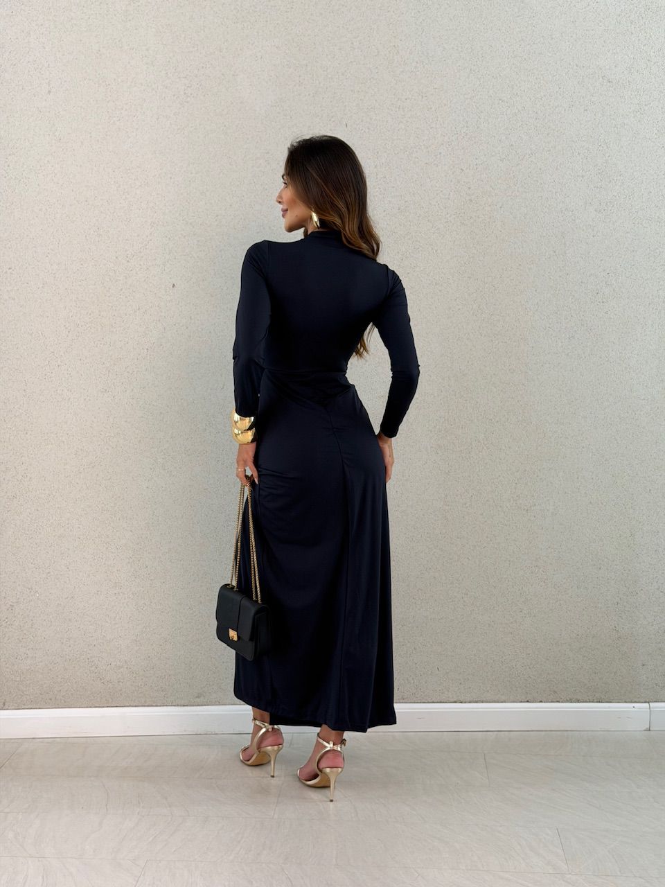 VESTIDO NATÁLIA LONGO DRAPEADO PRETO