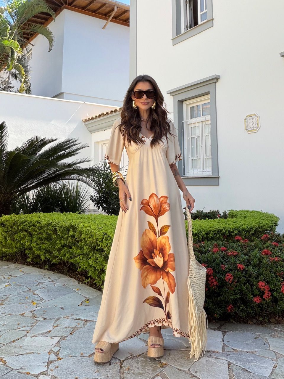 VESTIDO AUGUSTA ESTAMPADO AREIA - 0077080110 - CAROLLA FERRARO