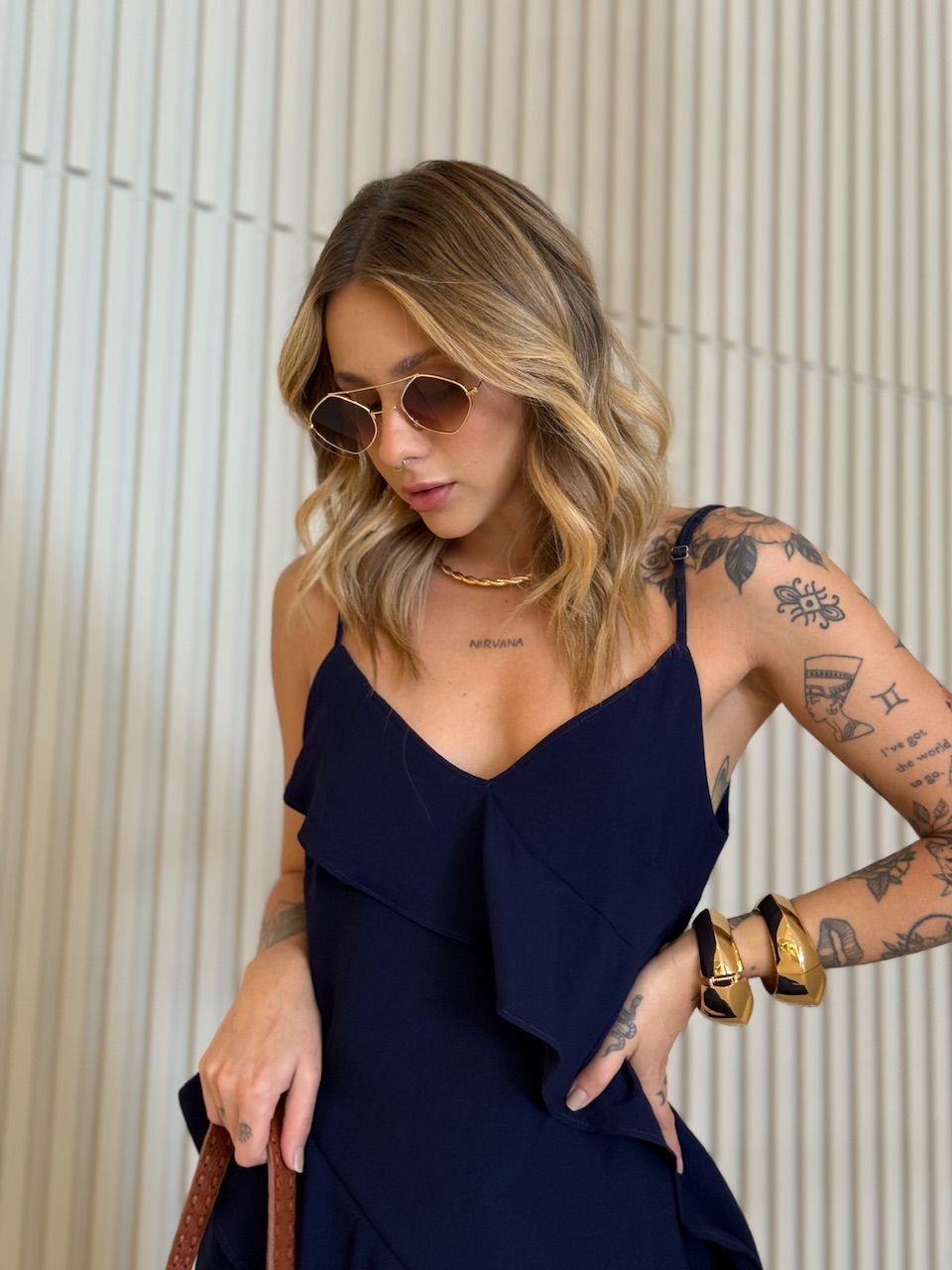 VESTIDO ALANIS BABADO MARINHO