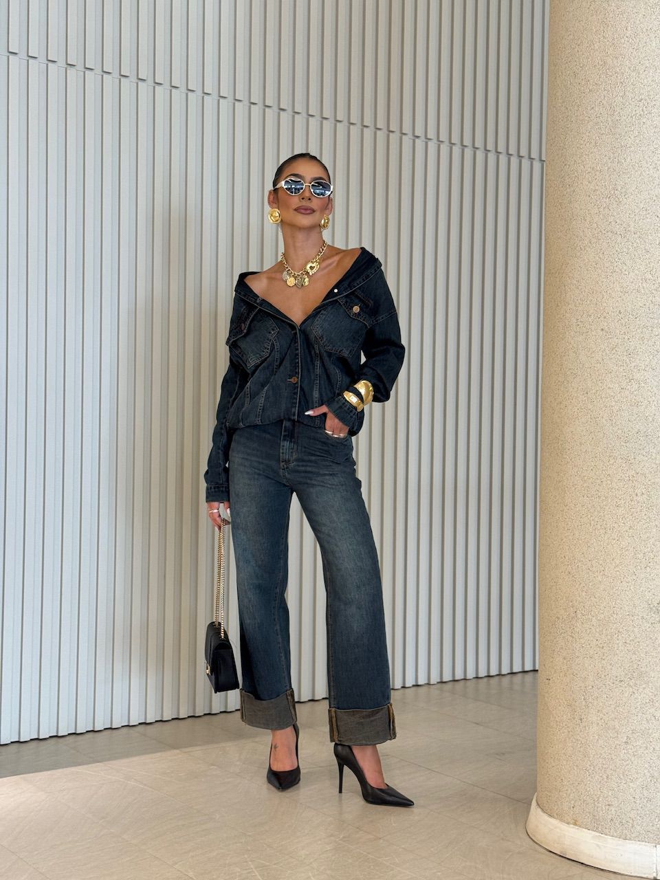 CALÇA EMANUELY BARRA DOBRADA JEANS ESCURO