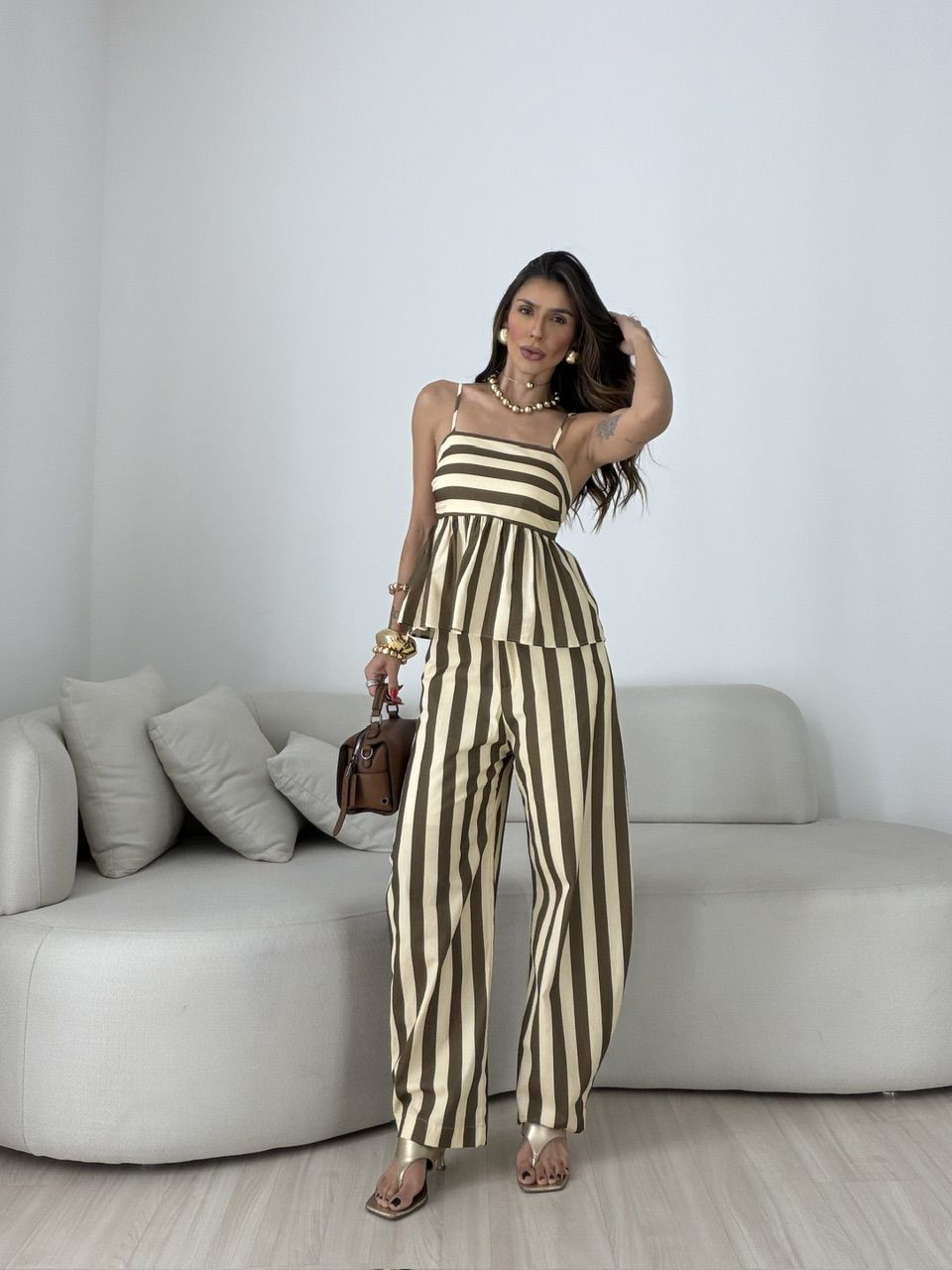 CONJUNTO CAMILA LISTRADO CREME/MARROM