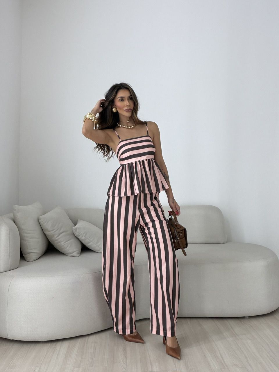 CONJUNTO CAMILA LISTRADO ROSA/MARROM