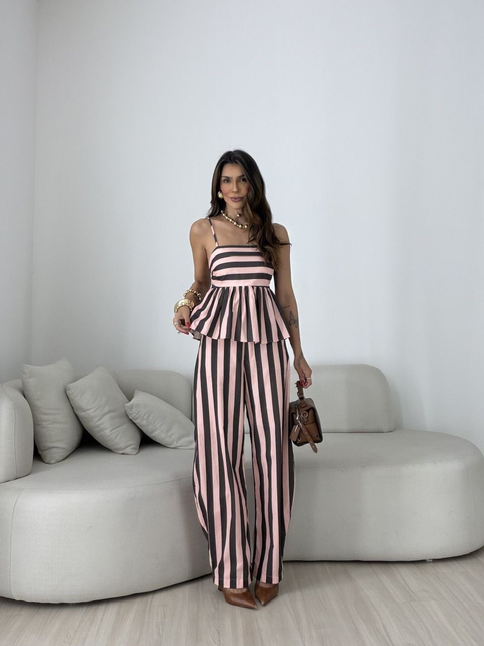 CONJUNTO CAMILA LISTRADO ROSA/MARROM - 0079790469 - CAROLLA FERRARO