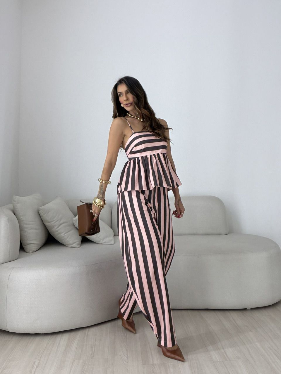 CONJUNTO CAMILA LISTRADO ROSA/MARROM