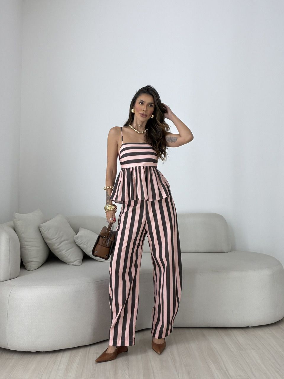 CONJUNTO CAMILA LISTRADO ROSA/MARROM