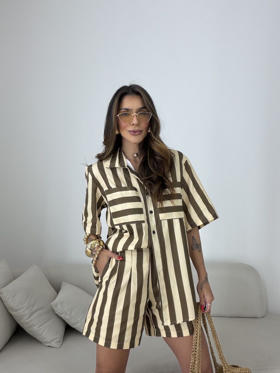 CONJUNTO RAVENA LISTRADO CREME/MARROM