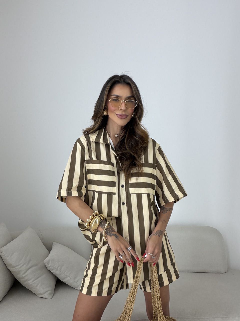 CONJUNTO RAVENA LISTRADO CREME/MARROM