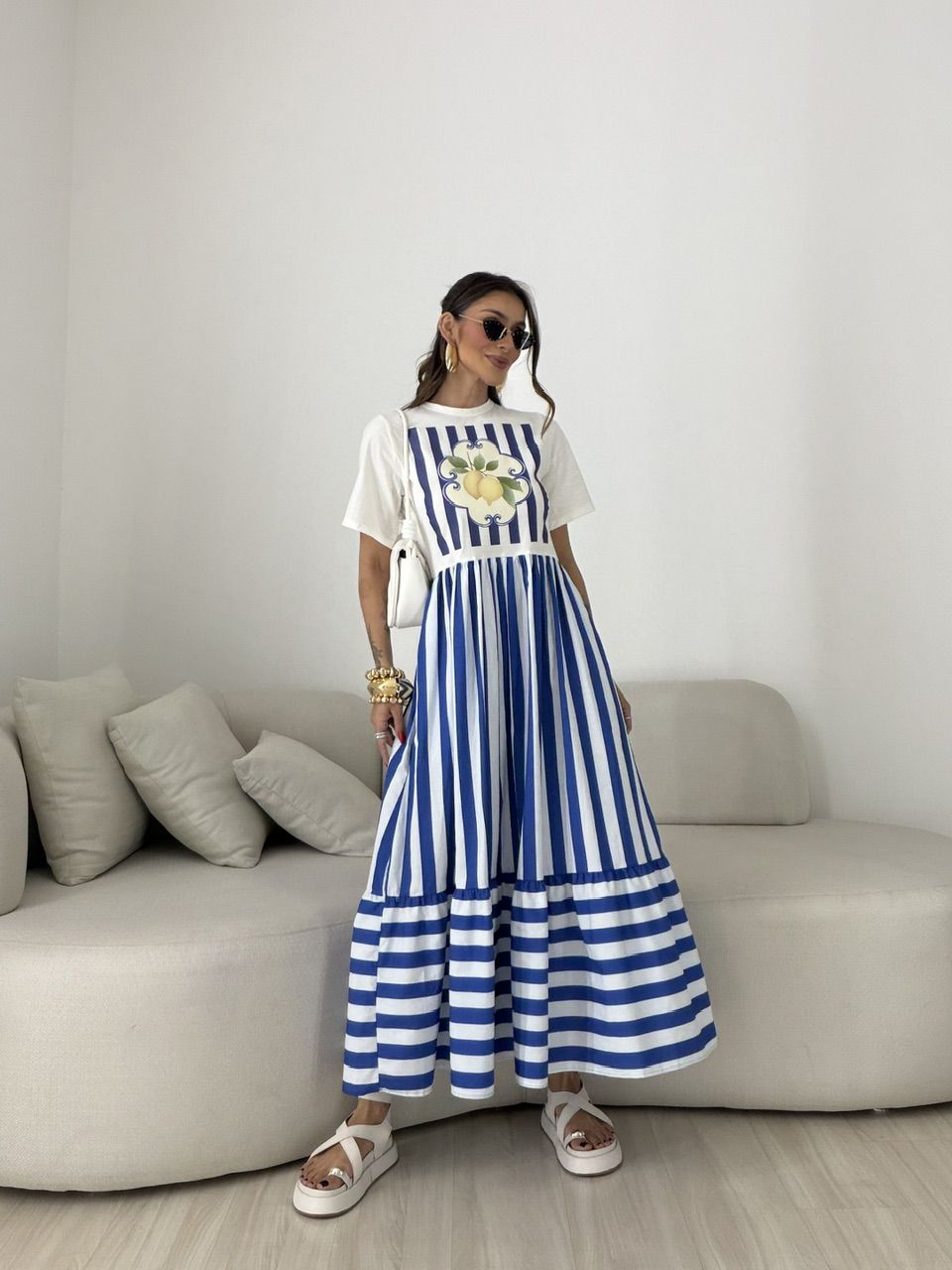VESTIDO BETÂNIA LISTRAS AZUL/OFF - 0079780355 - CAROLLA FERRARO