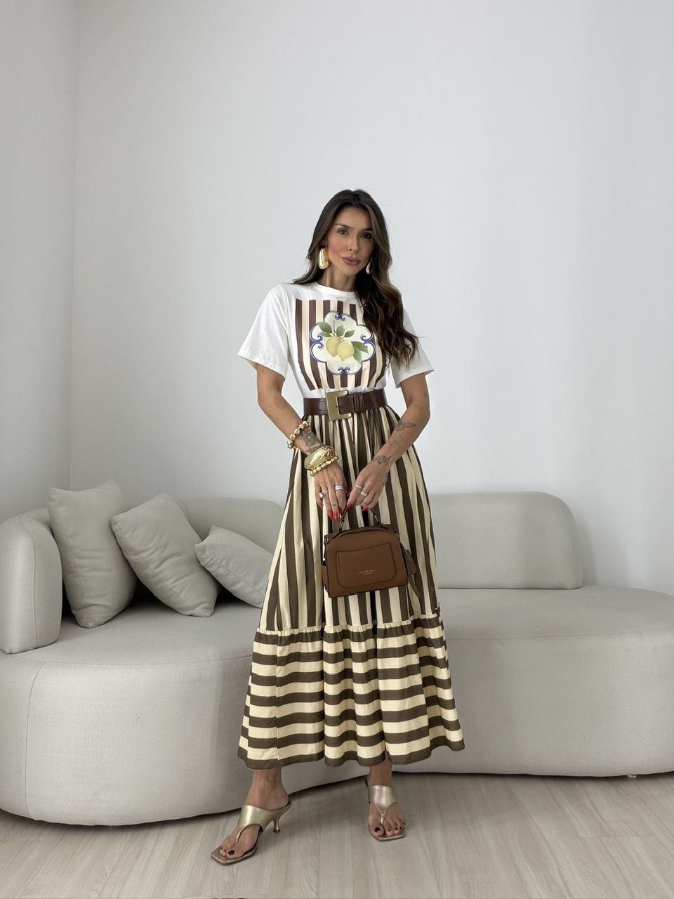 VESTIDO BETÂNIA LISTRAS CREME/MARROM