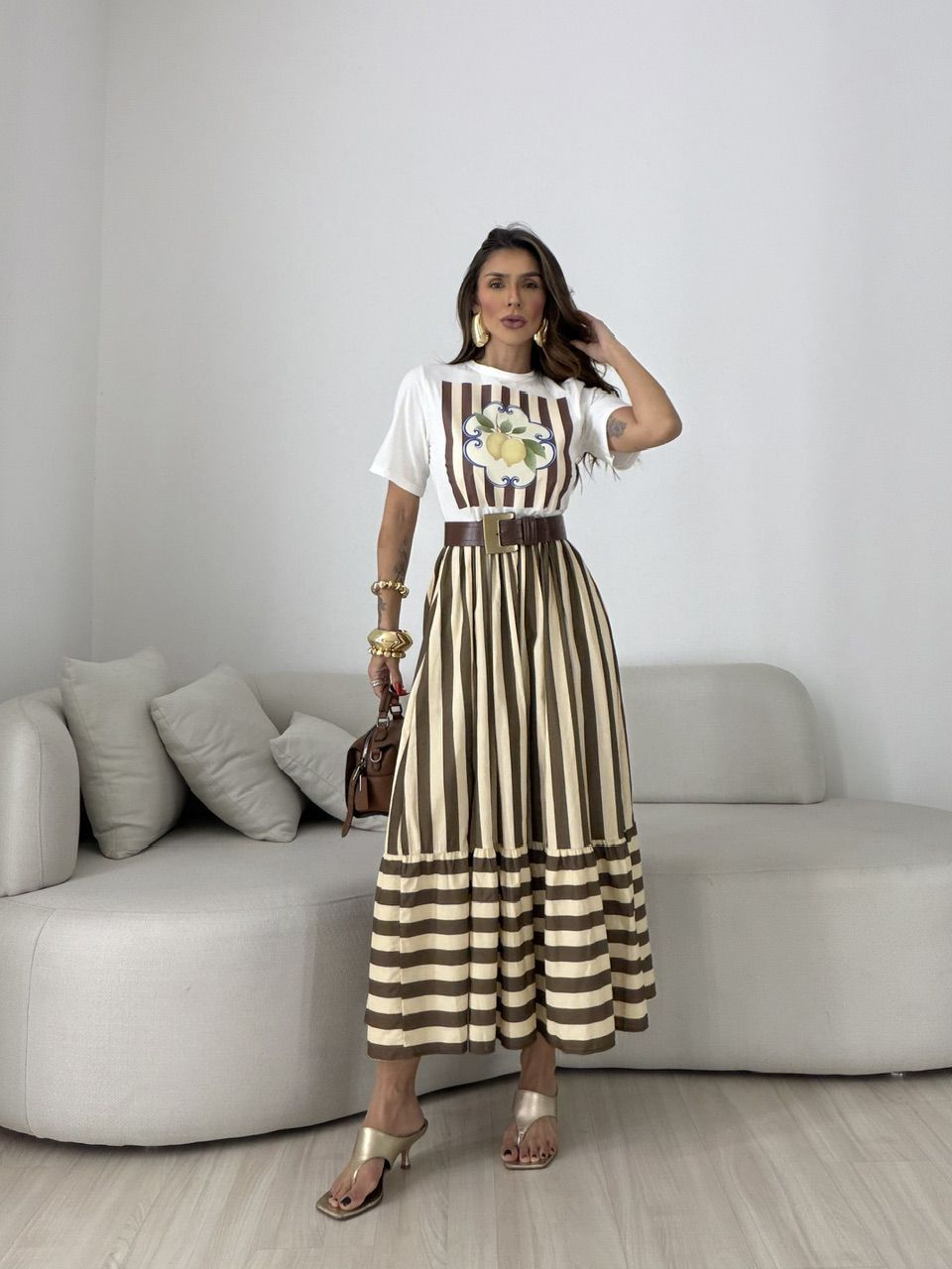 VESTIDO BETÂNIA LISTRAS CREME/MARROM