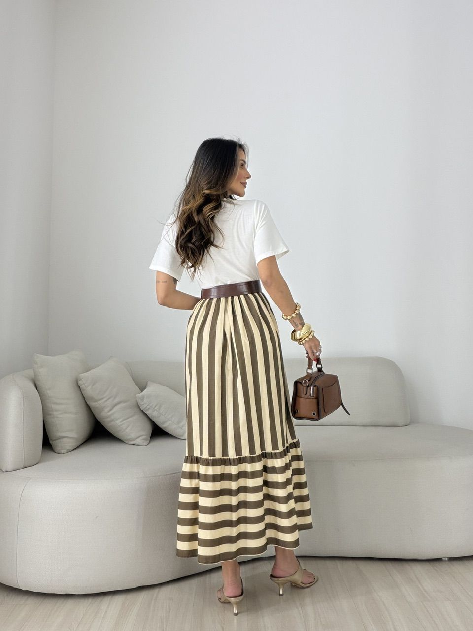 VESTIDO BETÂNIA LISTRAS CREME/MARROM