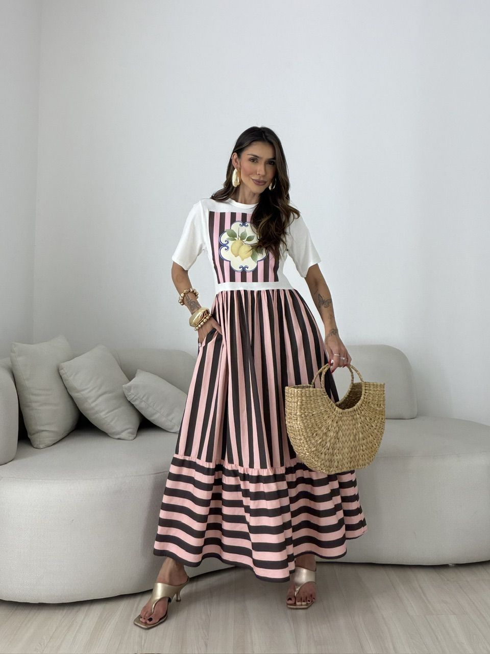 VESTIDO BETÂNIA LISTRAS ROSA/MARROM