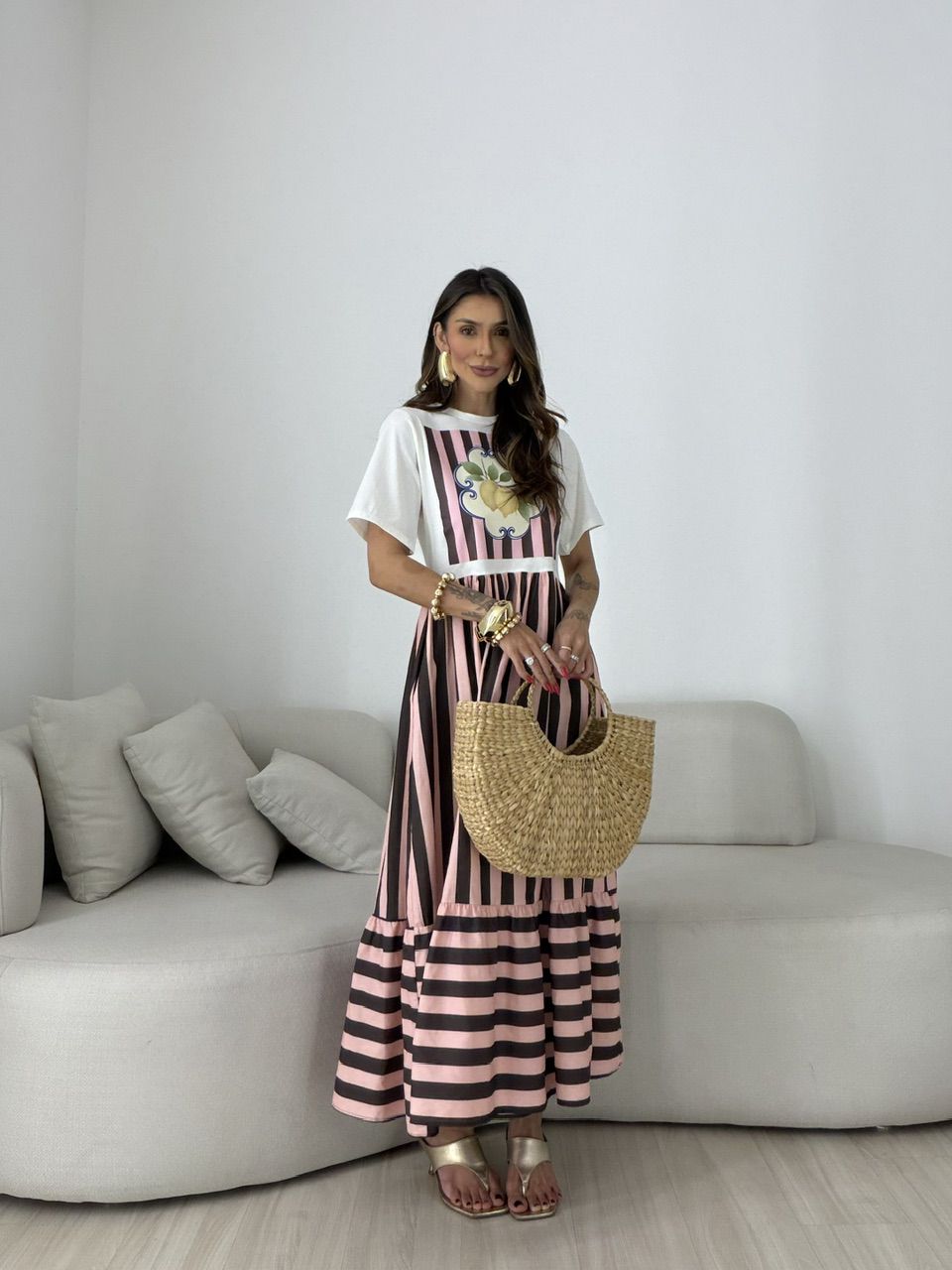 VESTIDO BETÂNIA LISTRAS ROSA/MARROM