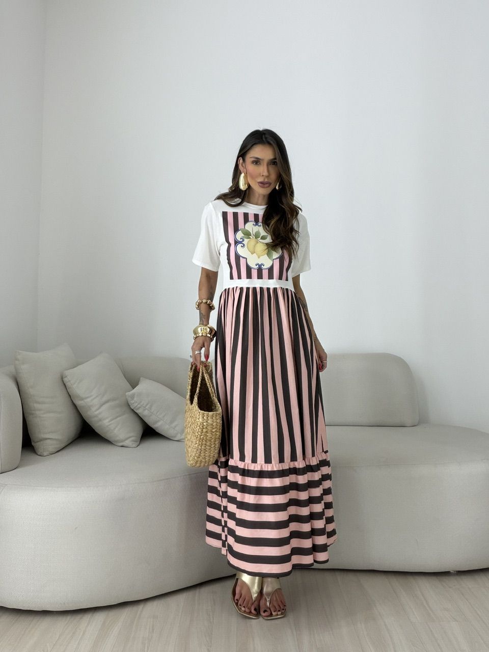 VESTIDO BETÂNIA LISTRAS ROSA/MARROM