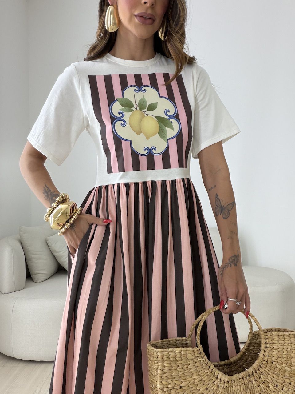 VESTIDO BETÂNIA LISTRAS ROSA/MARROM