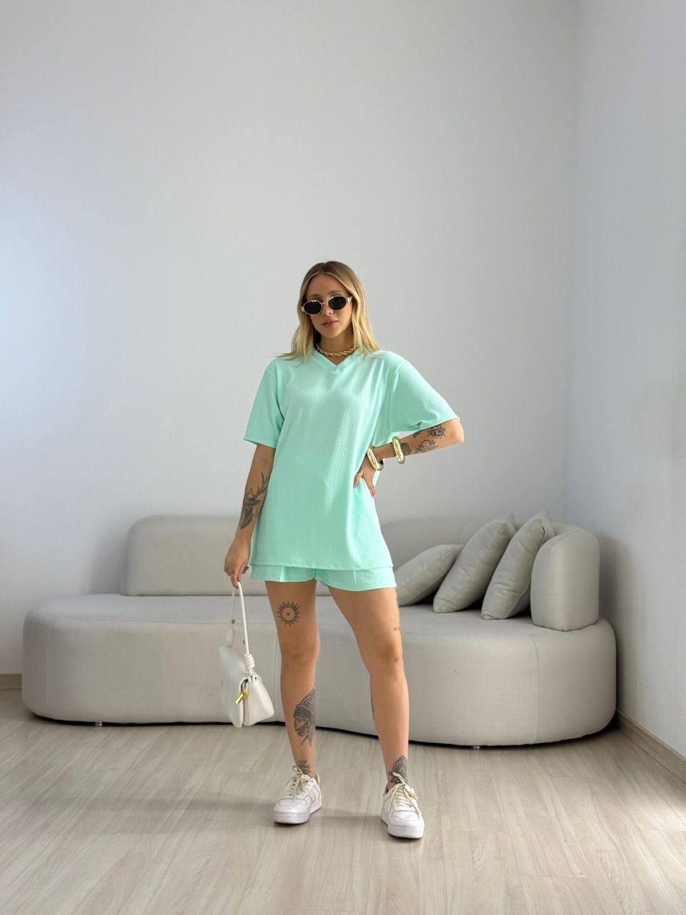CONJUNTO LEAH CANELADO VERDE AGUA