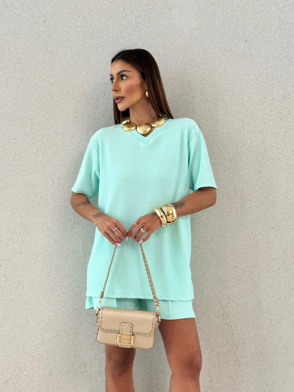CONJUNTO LEAH CANELADO VERDE AGUA