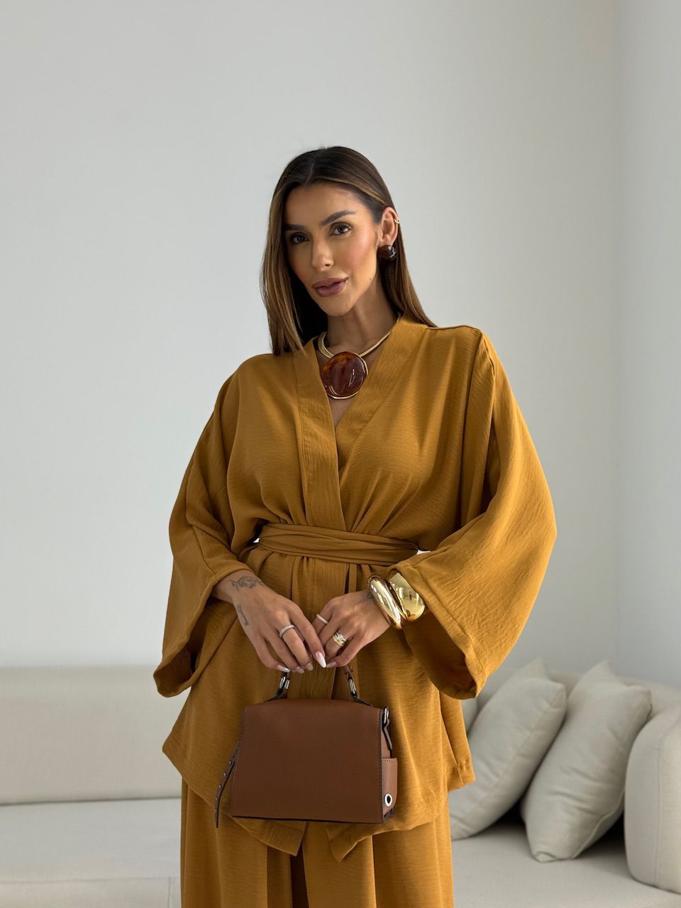 KIMONO BRUNA CF FAIXA CARAMELO - 0070270095 - CAROLLA FERRARO