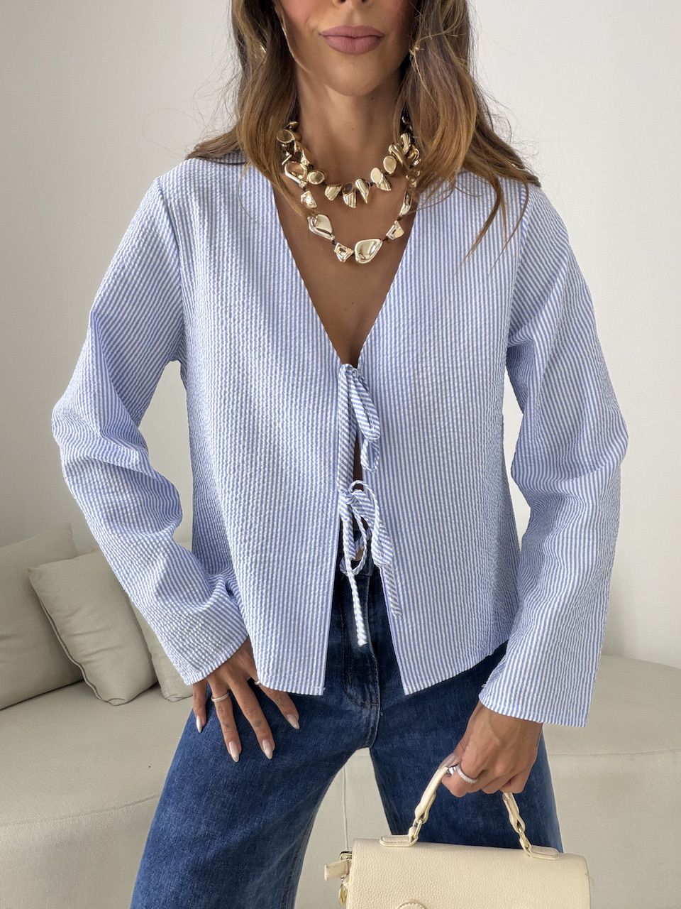 BLUSA EMMA AMARRAÇÃO LISTRADA AZUL