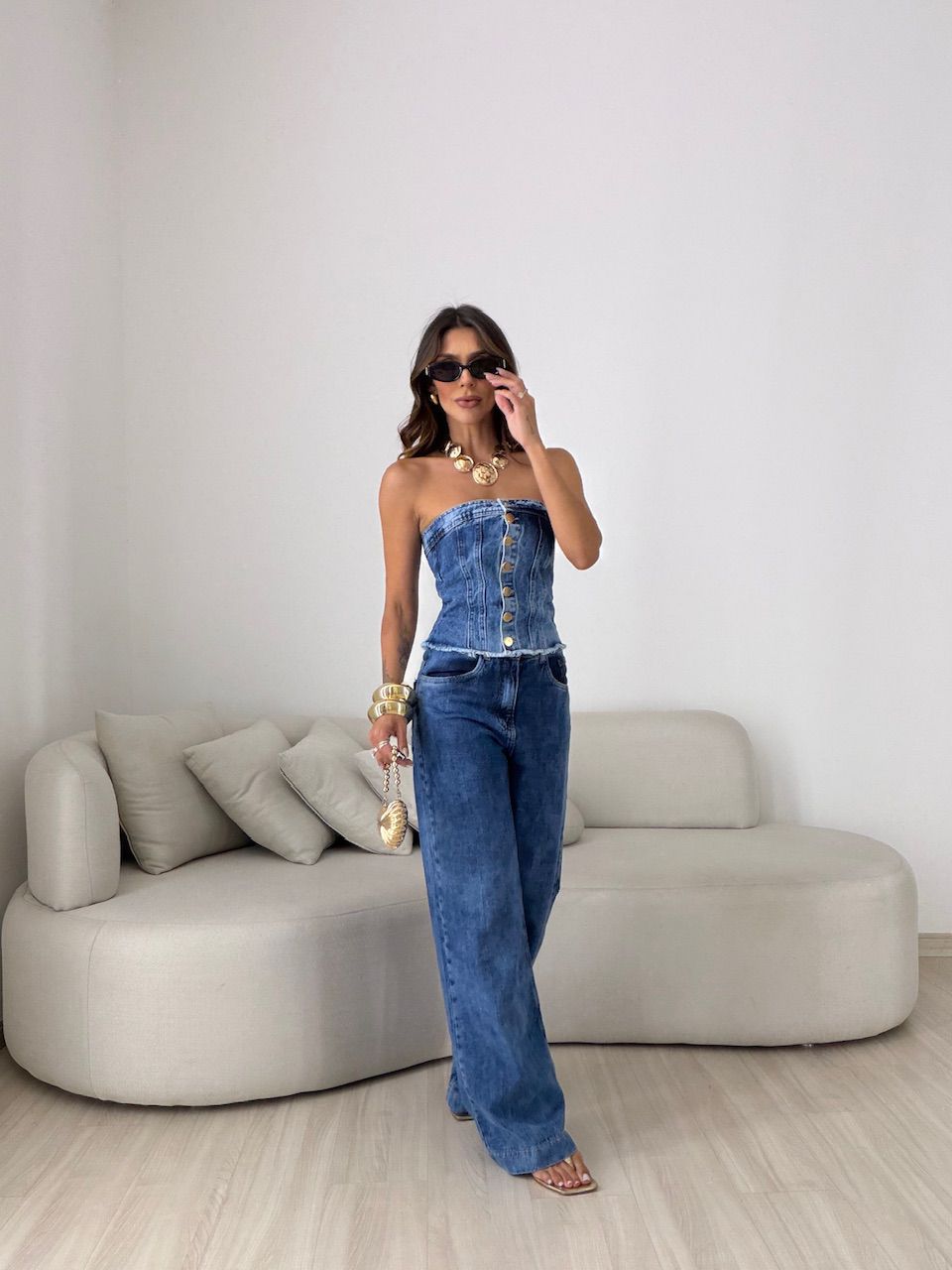 CROPPED JOLIE BOTÕES JEANS MÉDIO