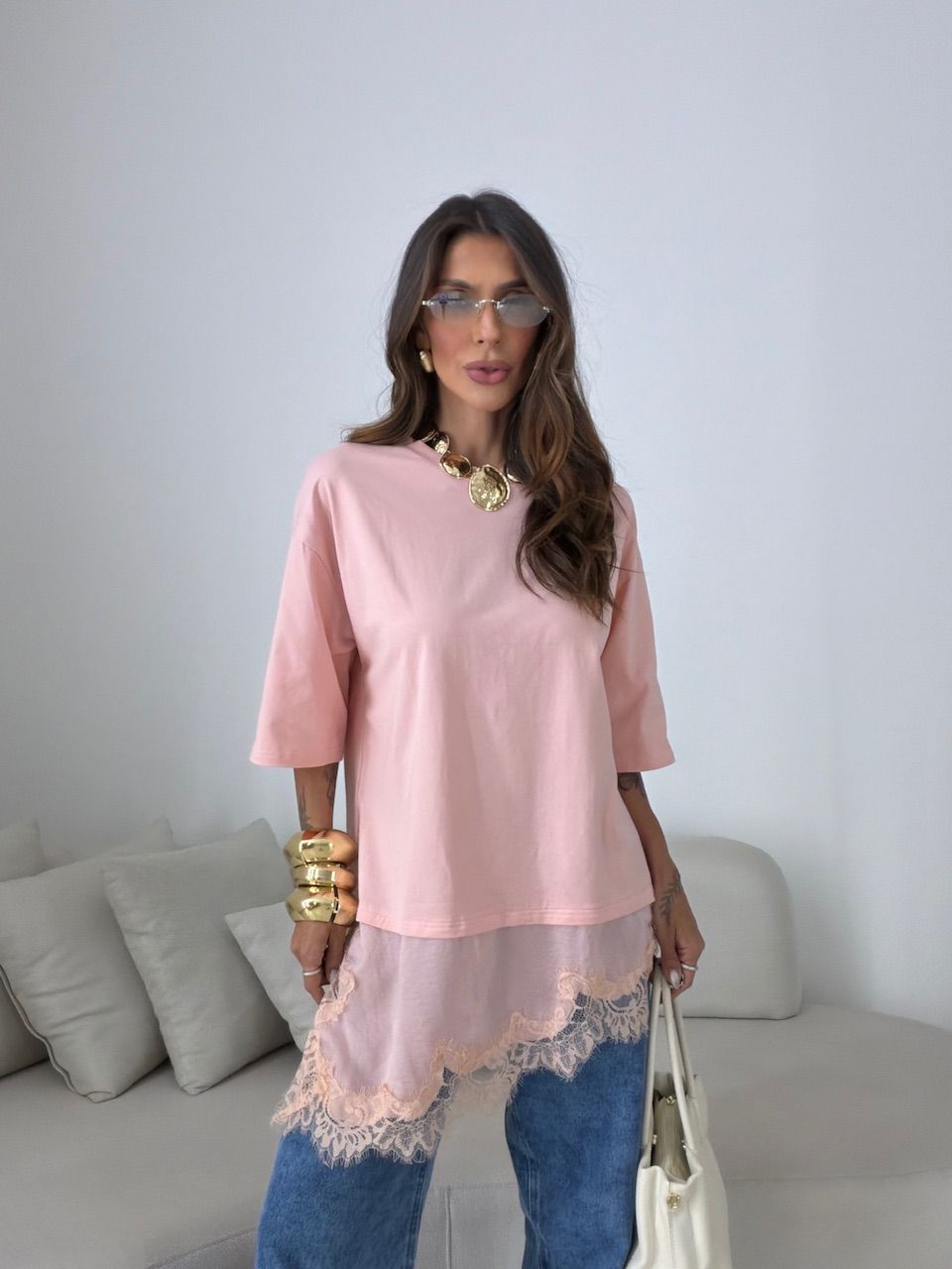 T-SHIRT REGINA RENDA ROSA - 0081860031 - CAROLLA FERRARO