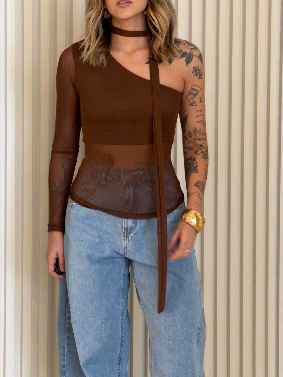 BLUSA CECÍLIA NULA MANGA MARROM