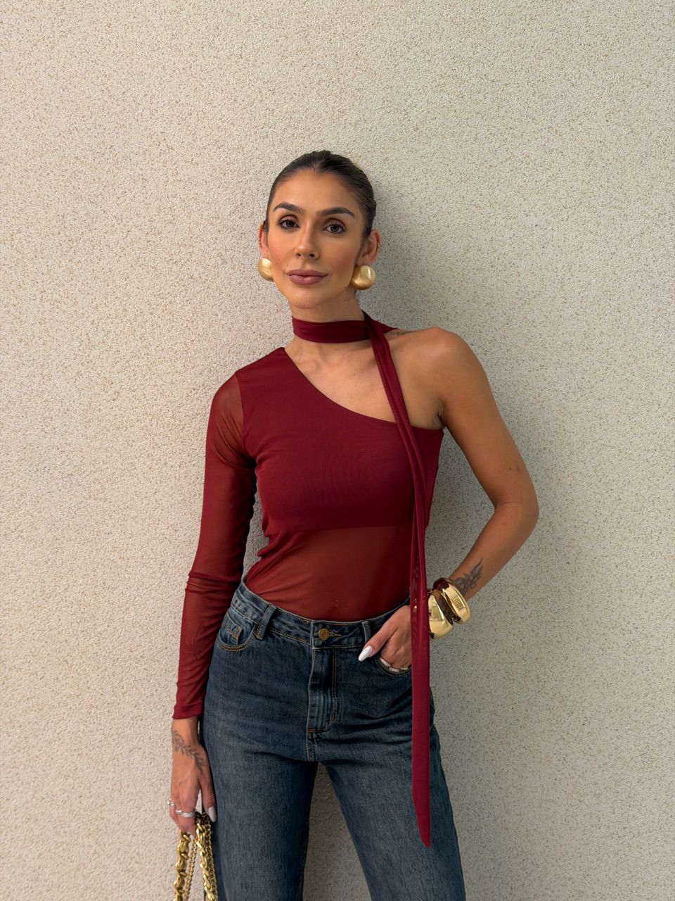 BLUSA CECÍLIA NULA MANGA VINHO - 0075470168 - CAROLLA FERRARO