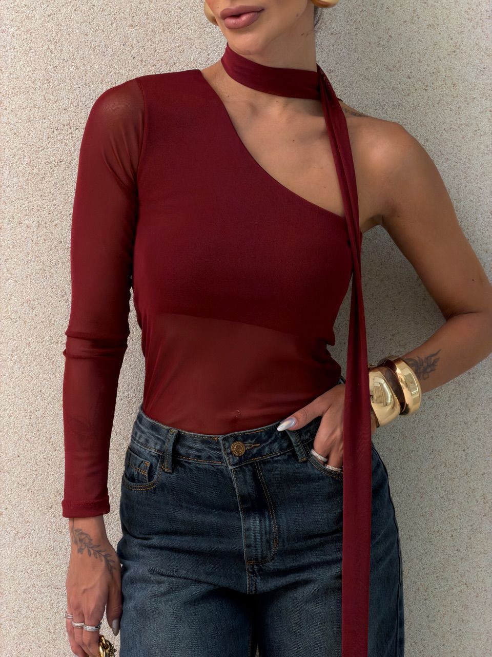 BLUSA CECÍLIA NULA MANGA VINHO