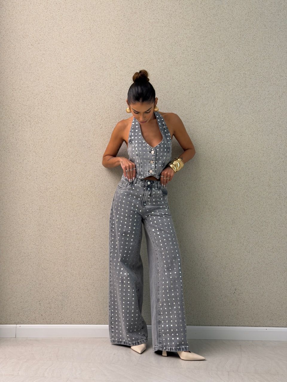 CALÇA LOUISE APLICAÇÕES JEANS CINZA