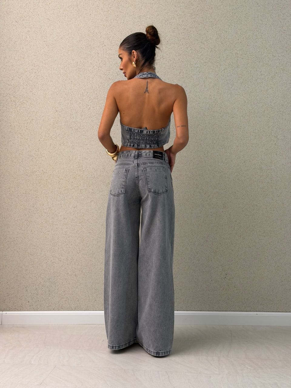 CALÇA LOUISE APLICAÇÕES JEANS CINZA