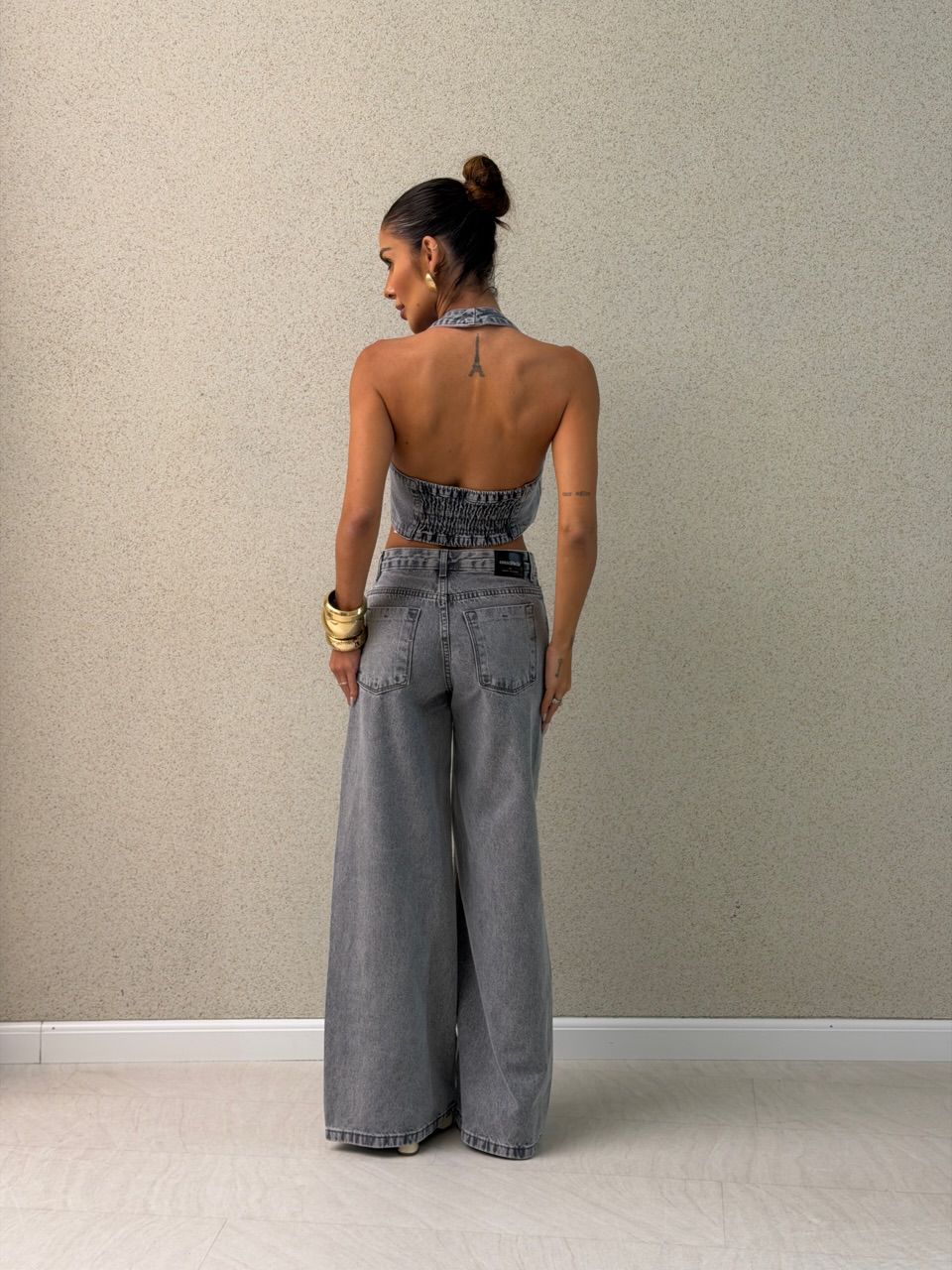 CROPPED BERENICE APLICAÇÕES JEANS CINZA
