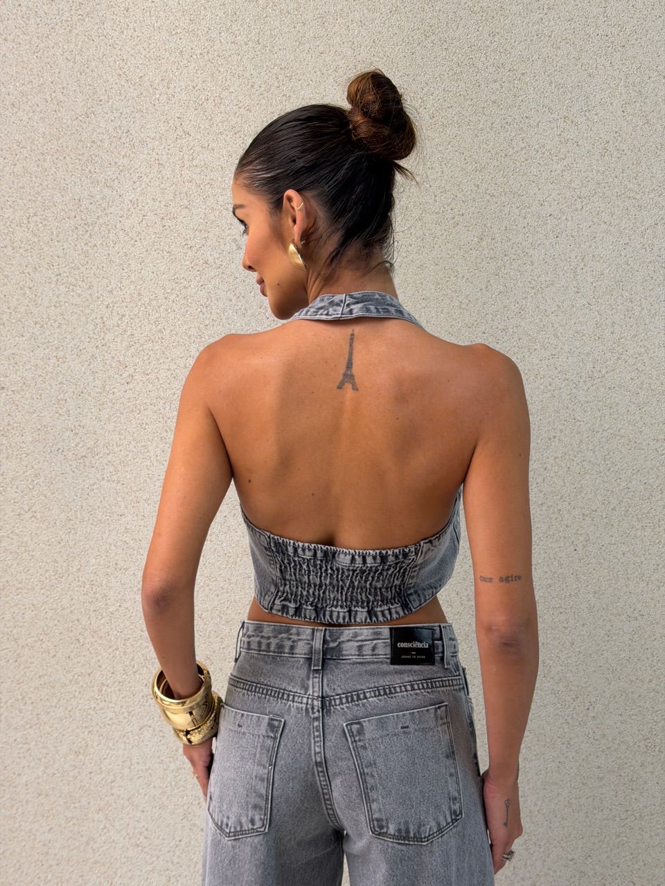 CROPPED BERENICE APLICAÇÕES JEANS CINZA