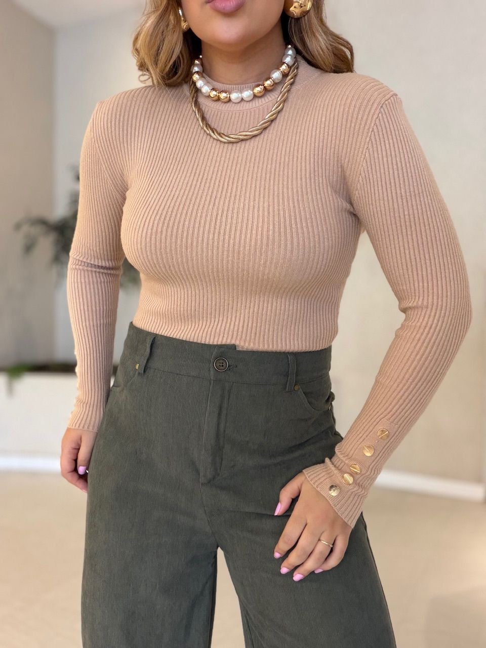 TRICOT FLAVIANA BOTÕES NUDE
