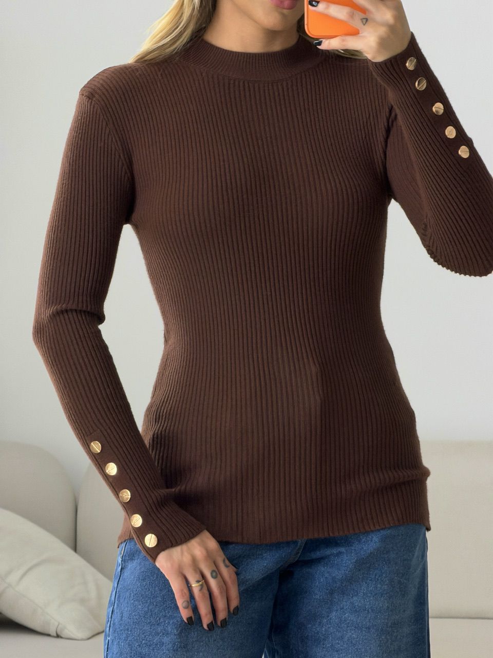 TRICOT FLAVIANA BOTÕES MARROM