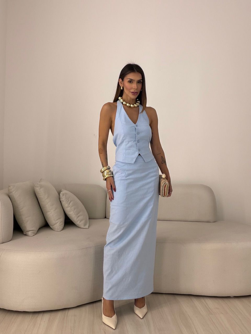 CONJUNTO JAMILE SAIA LONGA AZUL - 0078810109 - CAROLLA FERRARO